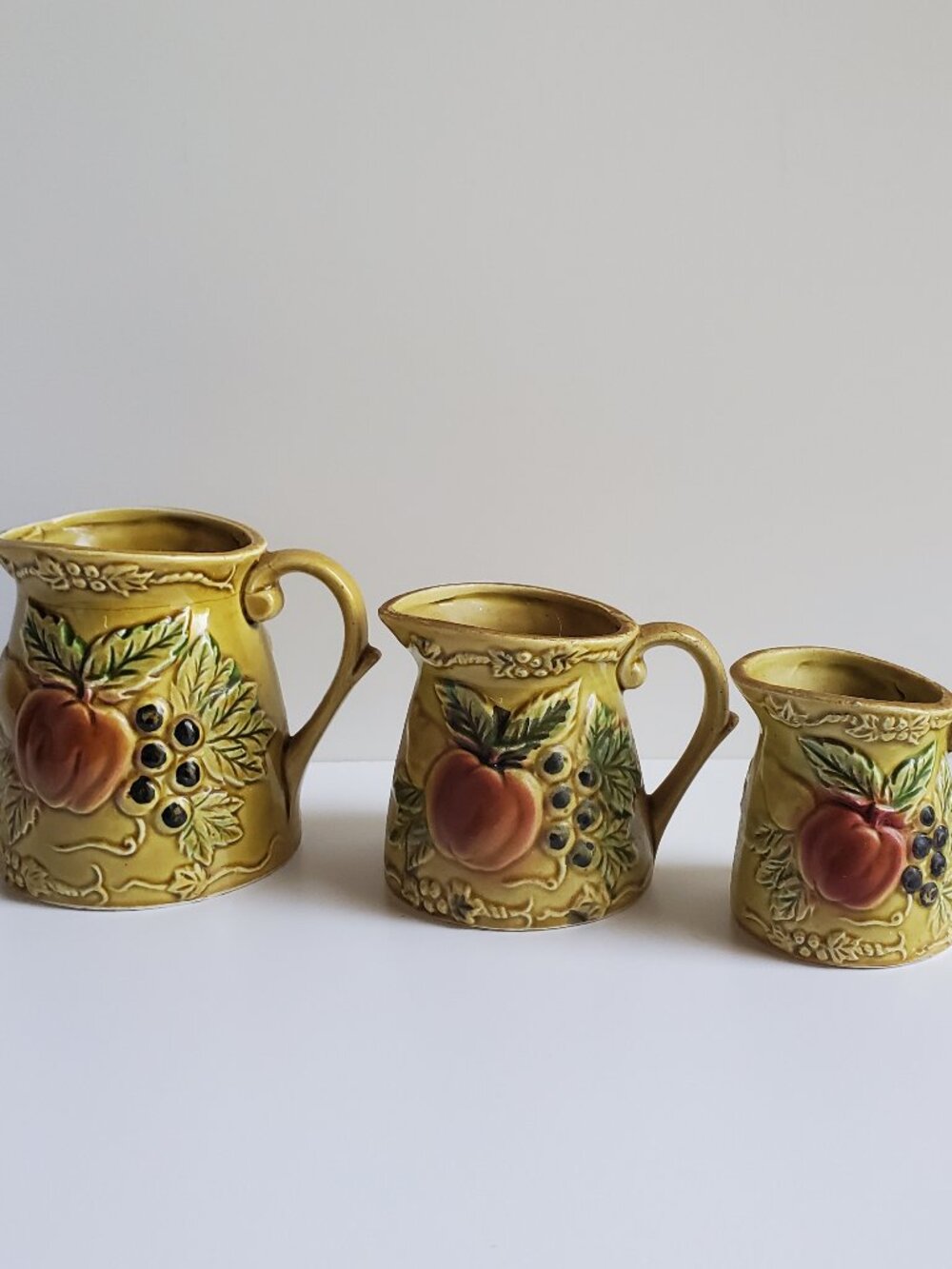 Vintage Mini Ceramic Pitchers Measuring Cups Set of 3 pcs Green Fruit Relief Art